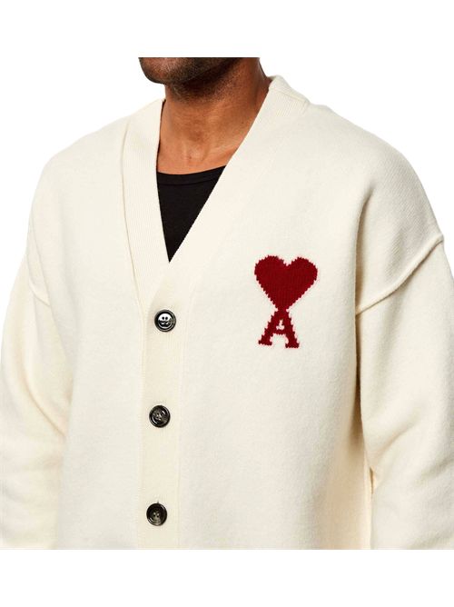 Cardigan Ami de Cœur in lana naturale Ami Paris | UKC367.018154 OFF-WHITE/RED